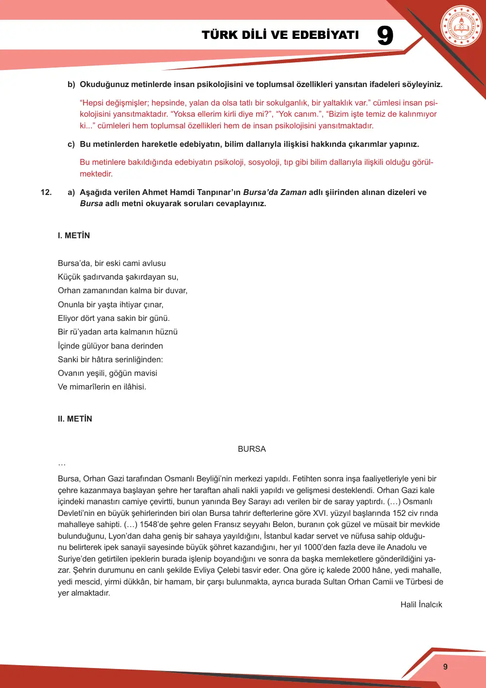 9. Sınıf Türk Dili ve Edebiyatı Çalışma Kâğıdı: 1. Tema: Sözün İnceliği – Okuma cevap anahtarı sayfa 9
