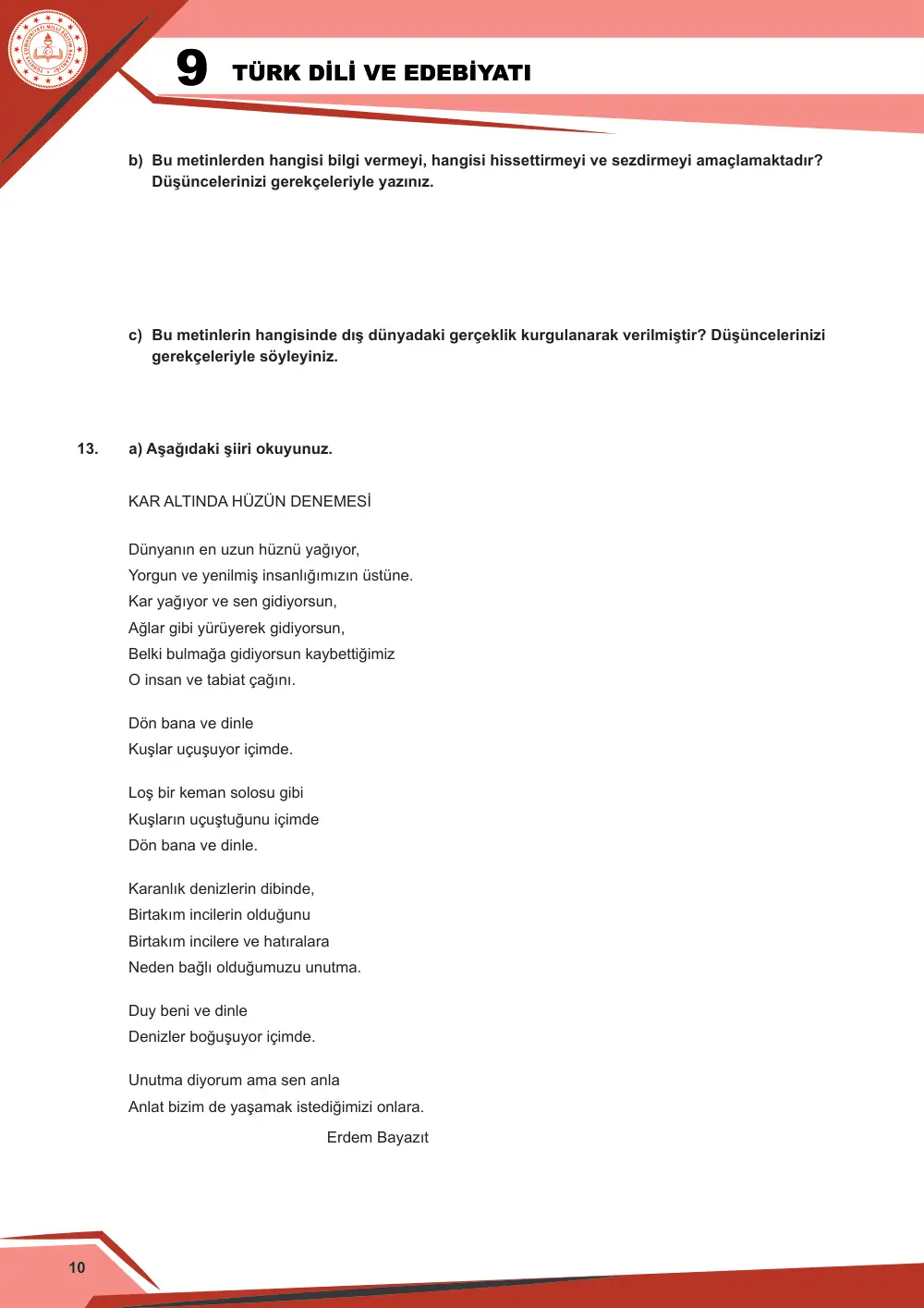 9. Sınıf Türk Dili ve Edebiyatı Çalışma Kâğıdı: 1. Tema: Sözün İnceliği – Okuma sayfa 10