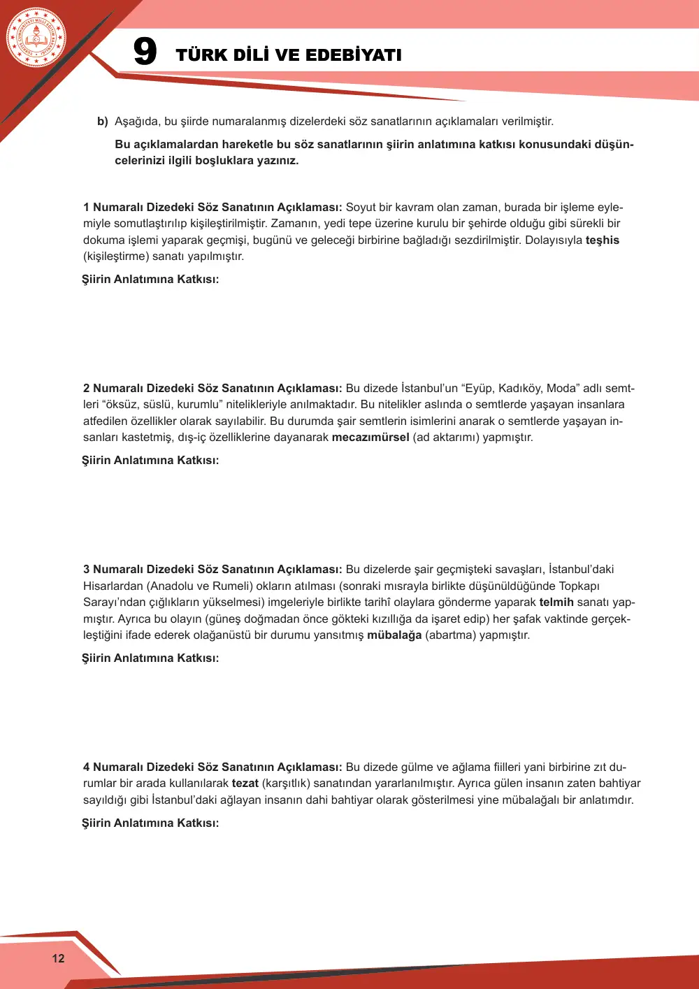 9. Sınıf Türk Dili ve Edebiyatı Çalışma Kâğıdı: 1. Tema: Sözün İnceliği – Okuma sayfa 12