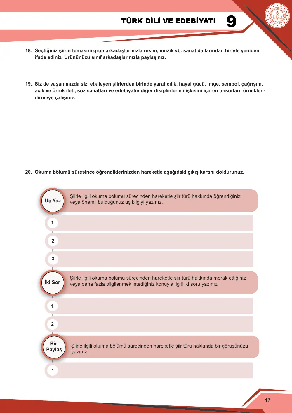 9. Sınıf Türk Dili ve Edebiyatı Çalışma Kâğıdı: 1. Tema: Sözün İnceliği – Okuma sayfa 17