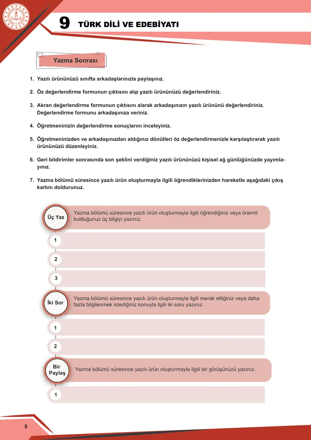 9. Sınıf Türk Dili ve Edebiyatı Çalışma Kâğıdı: 1. Tema: Sözün İnceliği – Yazma cevap anahtarı sayfa 8