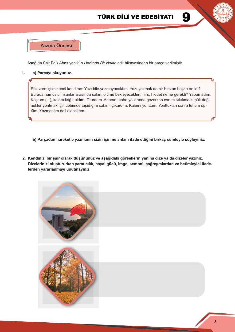 9. Sınıf Türk Dili ve Edebiyatı Çalışma Kâğıdı: 1. Tema: Sözün İnceliği – Yazma sayfa 3