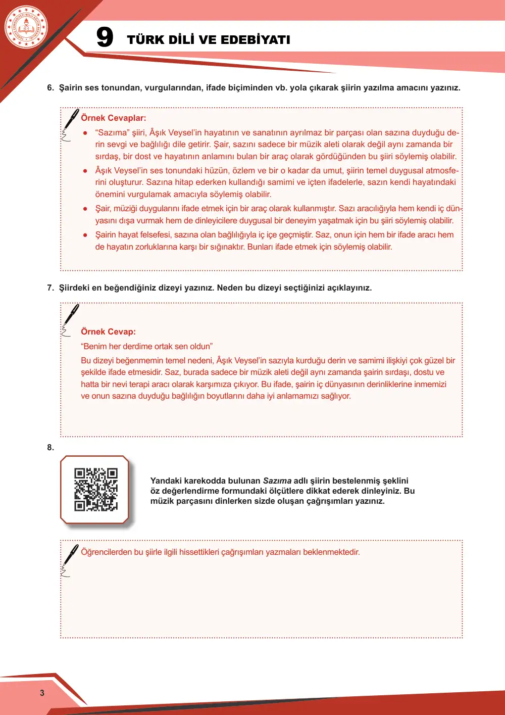 9. Sınıf Türk Dili ve Edebiyatı Çalışma Kâğıdı: 2. Tema: Anlam Arayışı – Dinleme/İzleme cevap anahtarı sayfa 4