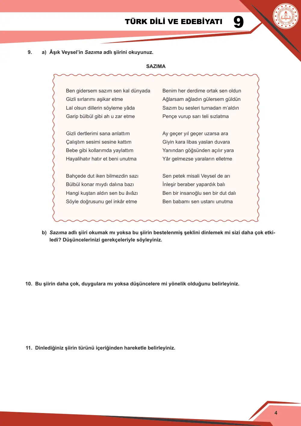 9. Sınıf Türk Dili ve Edebiyatı Çalışma Kâğıdı: 2. Tema: Anlam Arayışı – Dinleme/İzleme sayfa 5