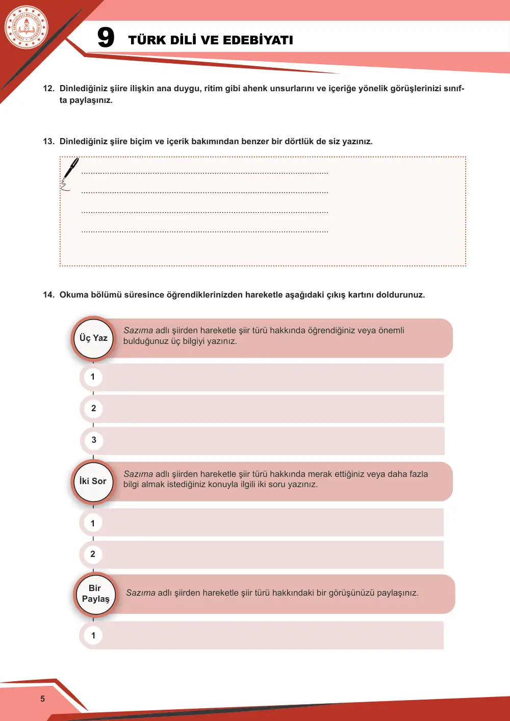 9. Sınıf Türk Dili ve Edebiyatı Çalışma Kâğıdı: 2. Tema: Anlam Arayışı – Dinleme/İzleme sayfa 6