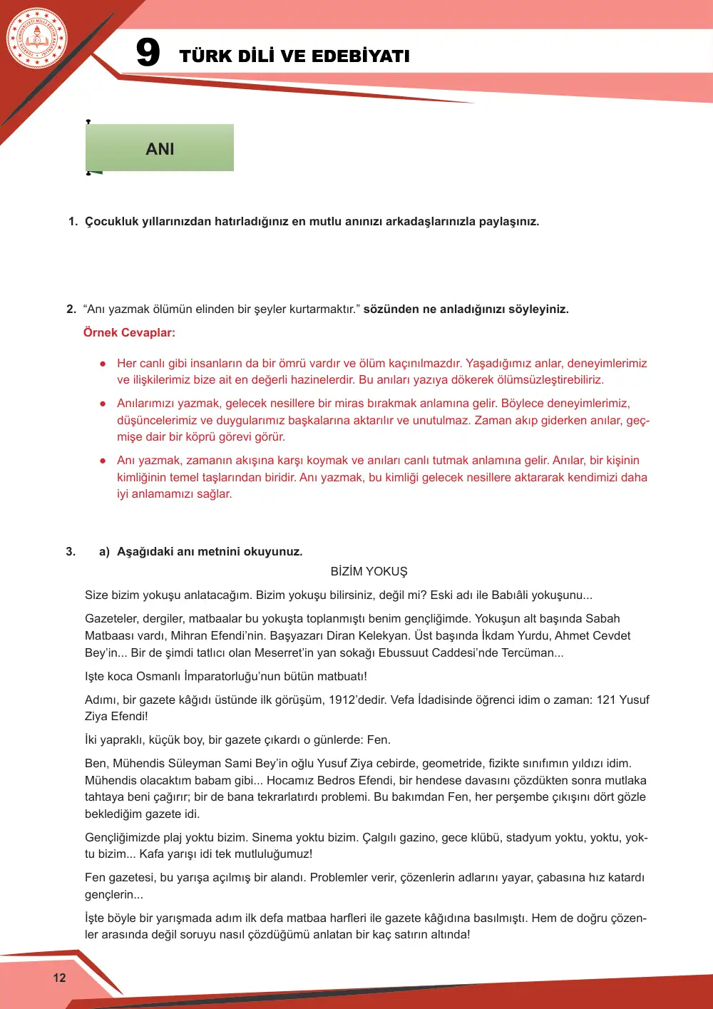9. Sınıf Türk Dili ve Edebiyatı Çalışma Kâğıdı: 2. Tema: Anlam Arayışı – Okuma cevap anahtarı sayfa 12