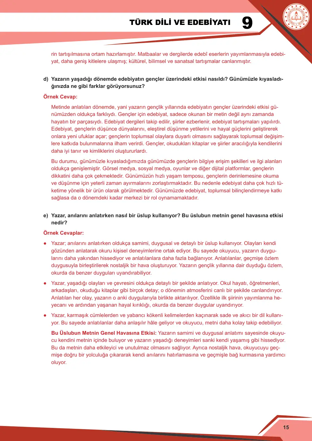 9. Sınıf Türk Dili ve Edebiyatı Çalışma Kâğıdı: 2. Tema: Anlam Arayışı – Okuma cevap anahtarı sayfa 15