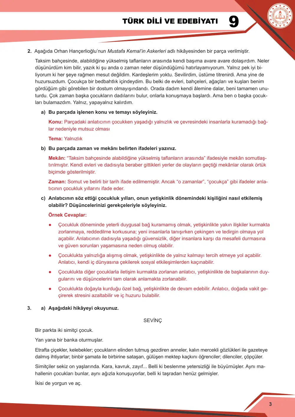 9. Sınıf Türk Dili ve Edebiyatı Çalışma Kâğıdı: 2. Tema: Anlam Arayışı – Okuma cevap anahtarı sayfa 3