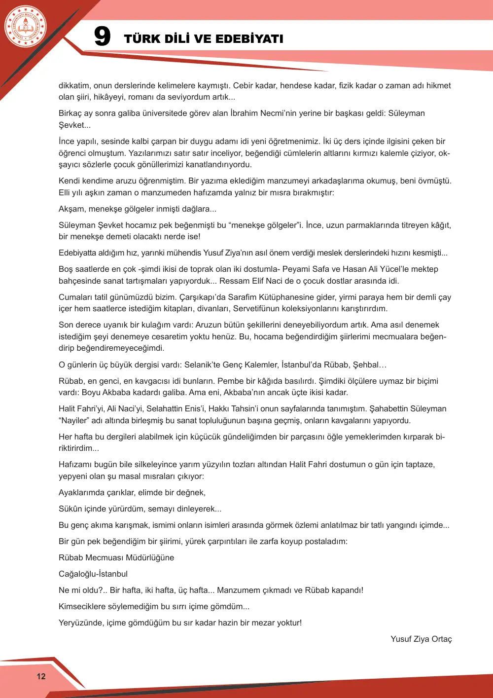 9. Sınıf Türk Dili ve Edebiyatı Çalışma Kâğıdı: 2. Tema: Anlam Arayışı – Okuma sayfa 12