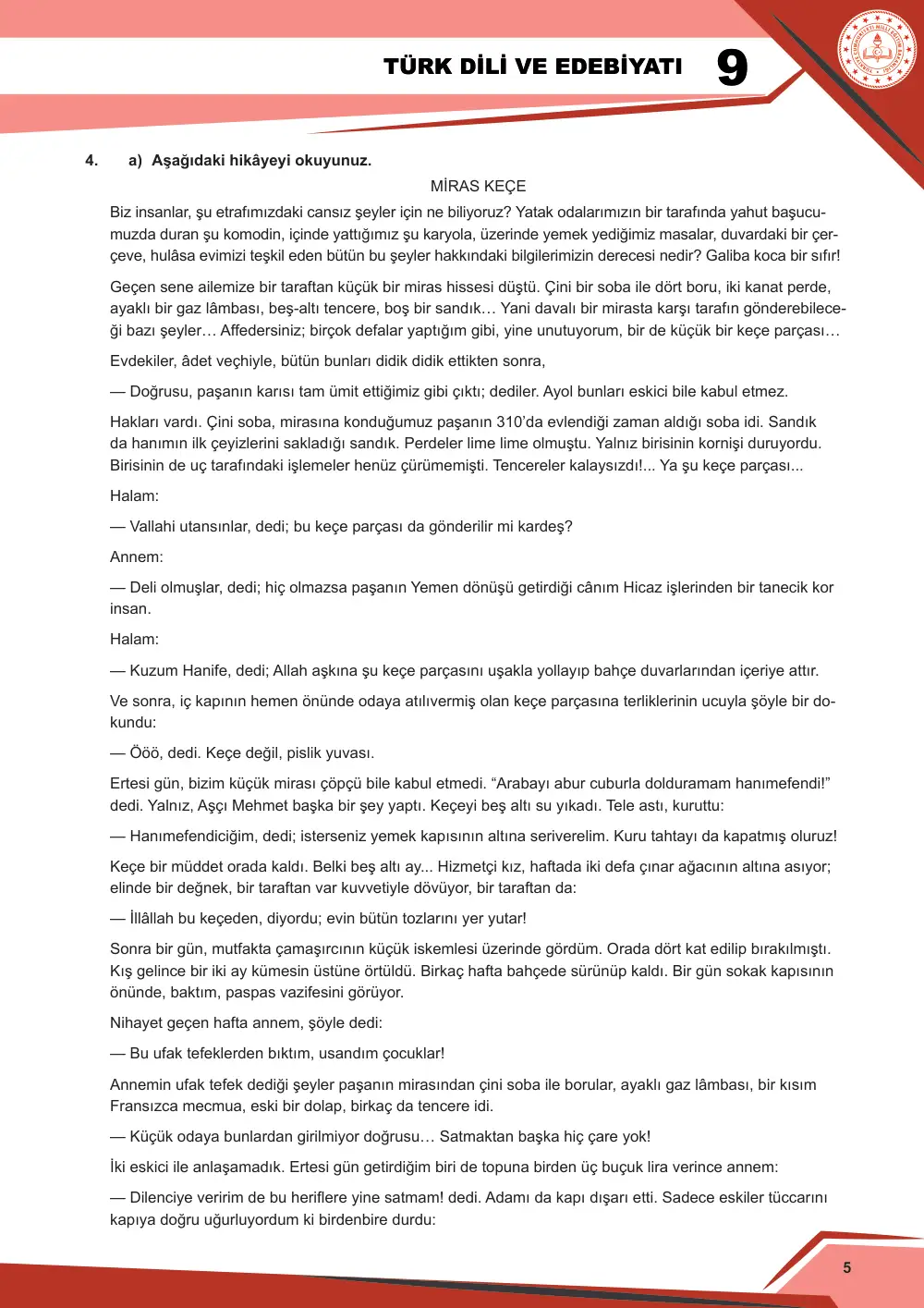 9. Sınıf Türk Dili ve Edebiyatı Çalışma Kâğıdı: 2. Tema: Anlam Arayışı – Okuma sayfa 5