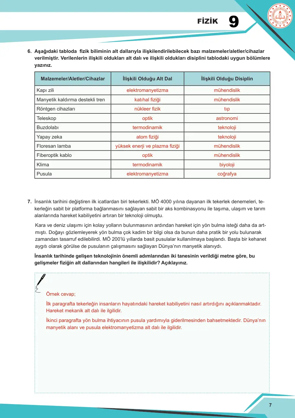 9. Sınıf Fizik Çalışma Kâğıdı: FİZ.9.1.2 Fizik biliminin alt dallarını sınıflandırabilme cevap anahtarı sayfa 7