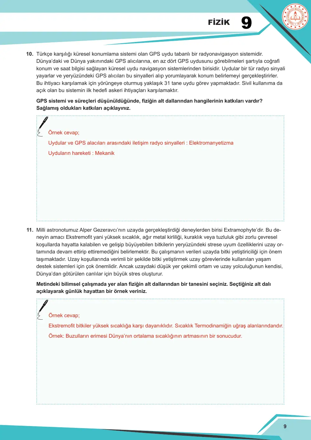 9. Sınıf Fizik Çalışma Kâğıdı: FİZ.9.1.2 Fizik biliminin alt dallarını sınıflandırabilme cevap anahtarı sayfa 9