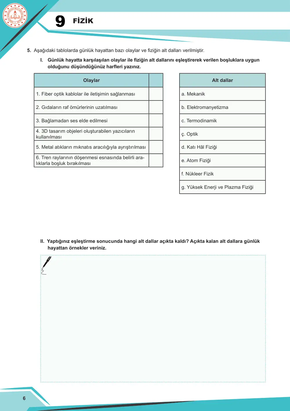 9. Sınıf Fizik Çalışma Kâğıdı: FİZ.9.1.2 Fizik biliminin alt dallarını sınıflandırabilme sayfa 6