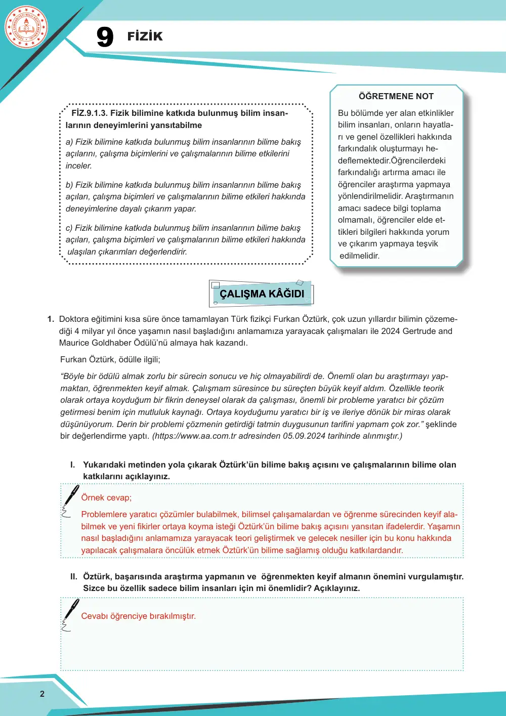 9. Sınıf Fizik Çalışma Kâğıdı: FİZ.9.1.3 Fizik bilimine katkıda bulunmuş bilim insanlarının deneyimlerini yansıtabilme cevap anahtarı sayfa 2