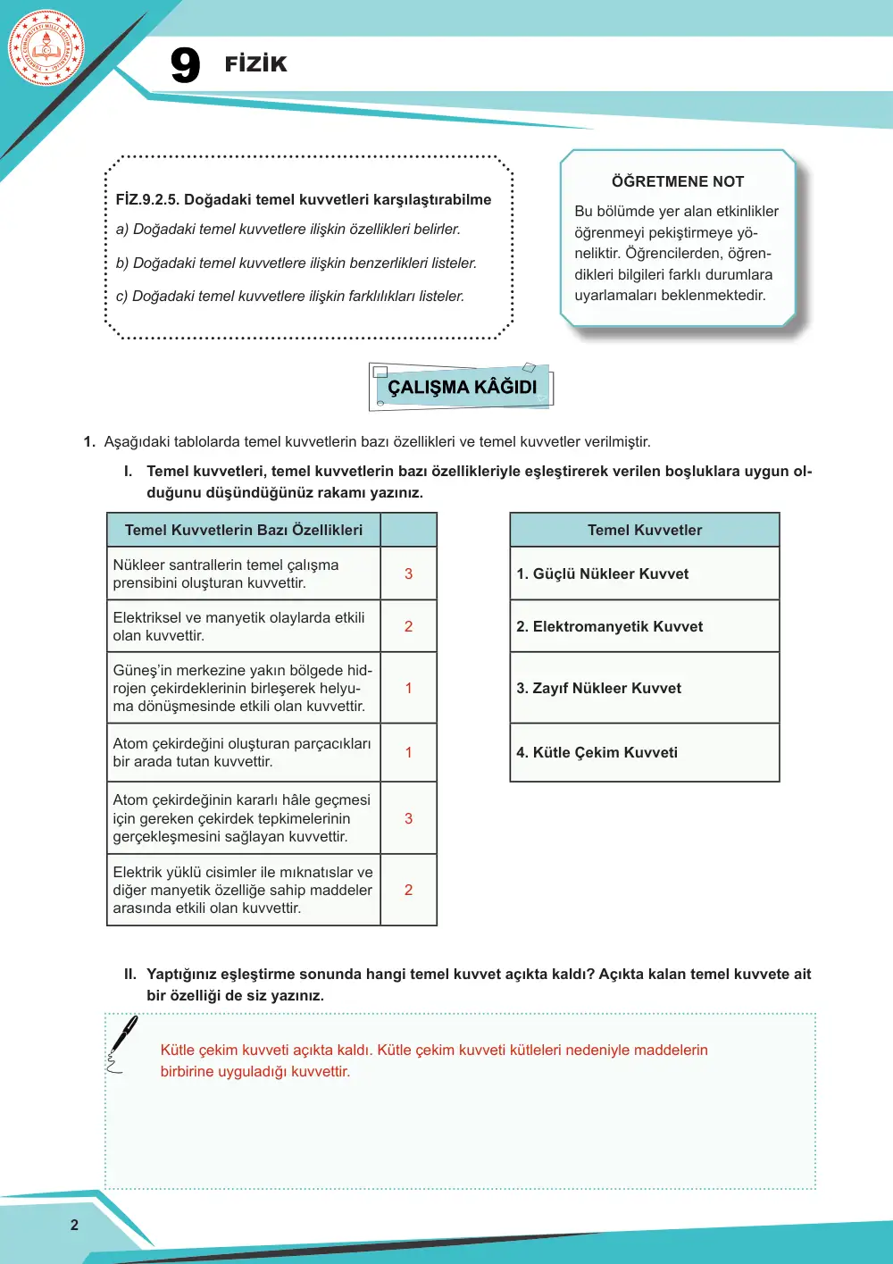9. Sınıf Fizik Çalışma Kâğıdı: FİZ.9.2.5 Doğadaki temel kuvvetleri karşılaştırabilme cevap anahtarı sayfa 2