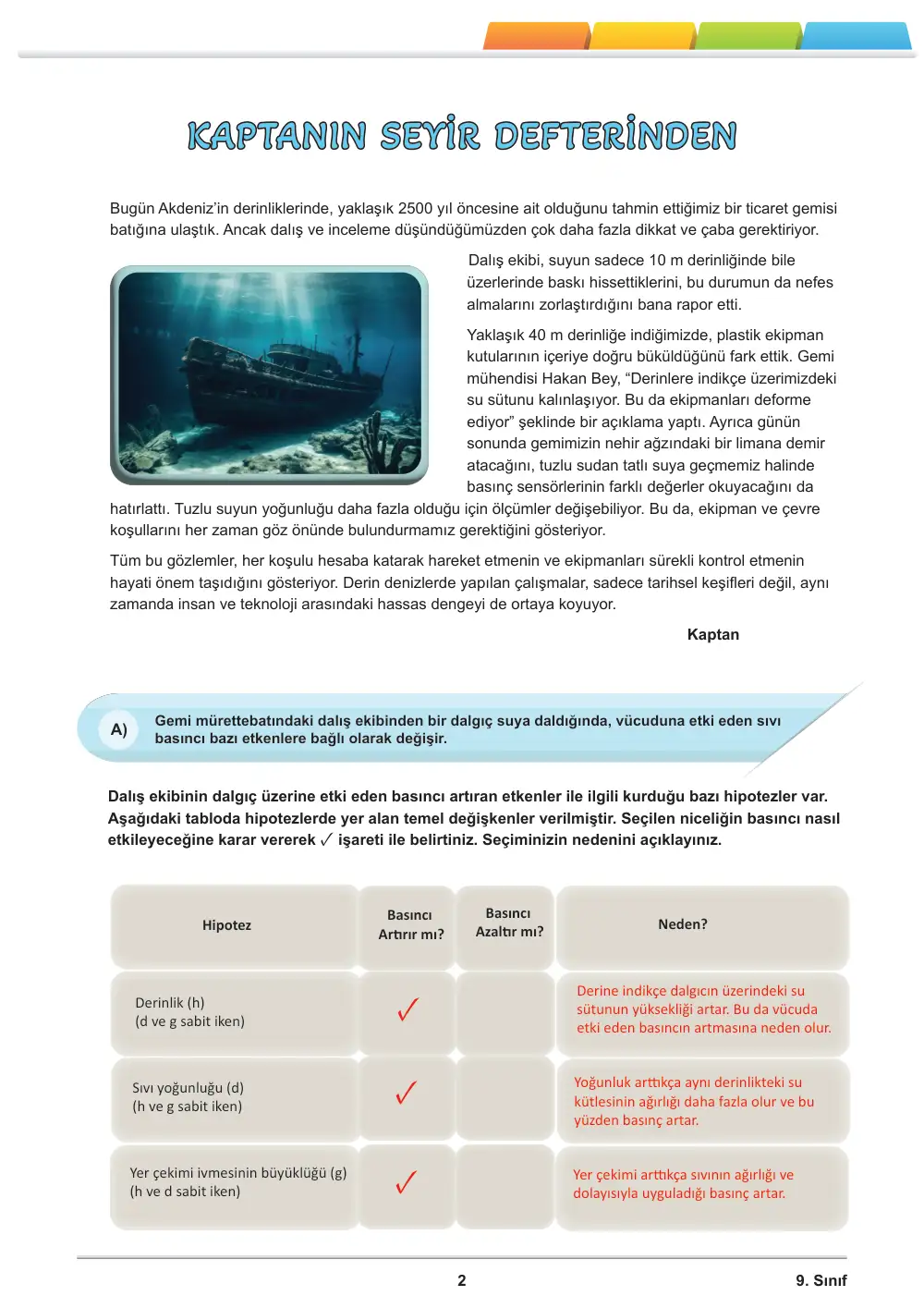 9. Sınıf Fizik Öğrenme Etkinlikleri Seti 1 (2025-2026) cevap anahtarı sayfa 3