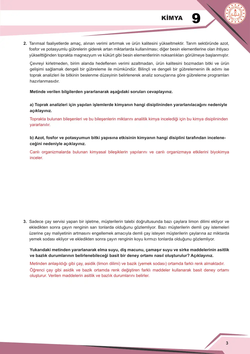9. Sınıf Kimya Çalışma Kâğıdı: KİM.9.1.1 Kimya biliminin günlük hayata katkısına ilişkin çıkarım yapabilme cevap anahtarı sayfa 3
