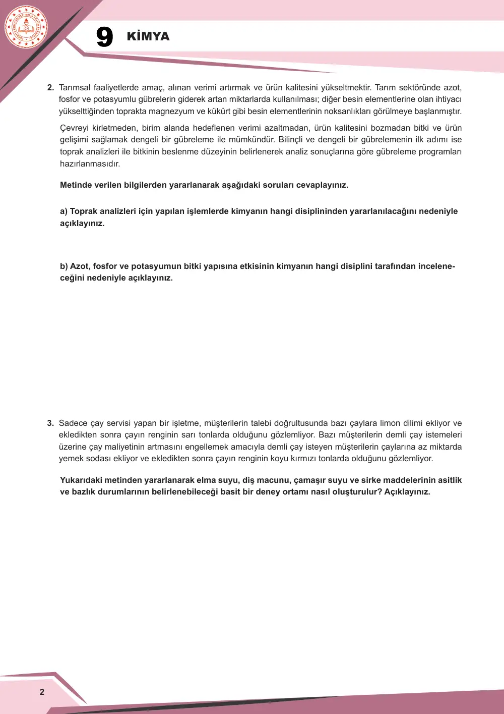 9. Sınıf Kimya Çalışma Kâğıdı: KİM.9.1.1 Kimya biliminin günlük hayata katkısına ilişkin çıkarım yapabilme sayfa 3