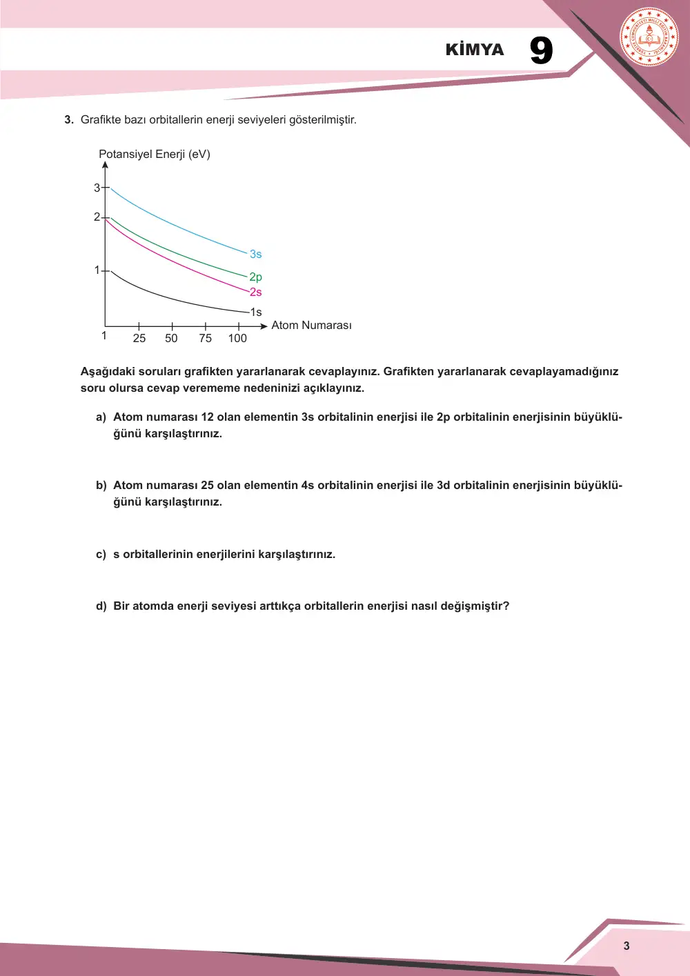 9. Sınıf Kimya Çalışma Kâğıdı: KİM.9.1.4 Atom orbitallerinin bağıl enerjilerine ilişkin veriye dayalı tahminde bulunabilme sayfa 4