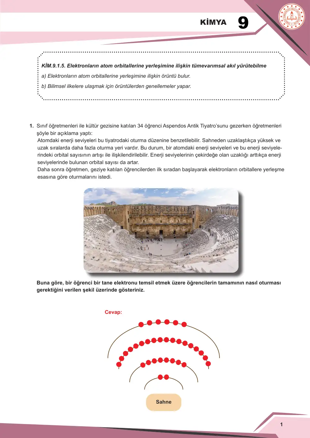 9. Sınıf Kimya Çalışma Kâğıdı: KİM.9.1.5 Elektronların atom orbitallerine yerleşimine ilişkin tümevarımsal akıl yürütebilme cevap anahtarı sayfa 2