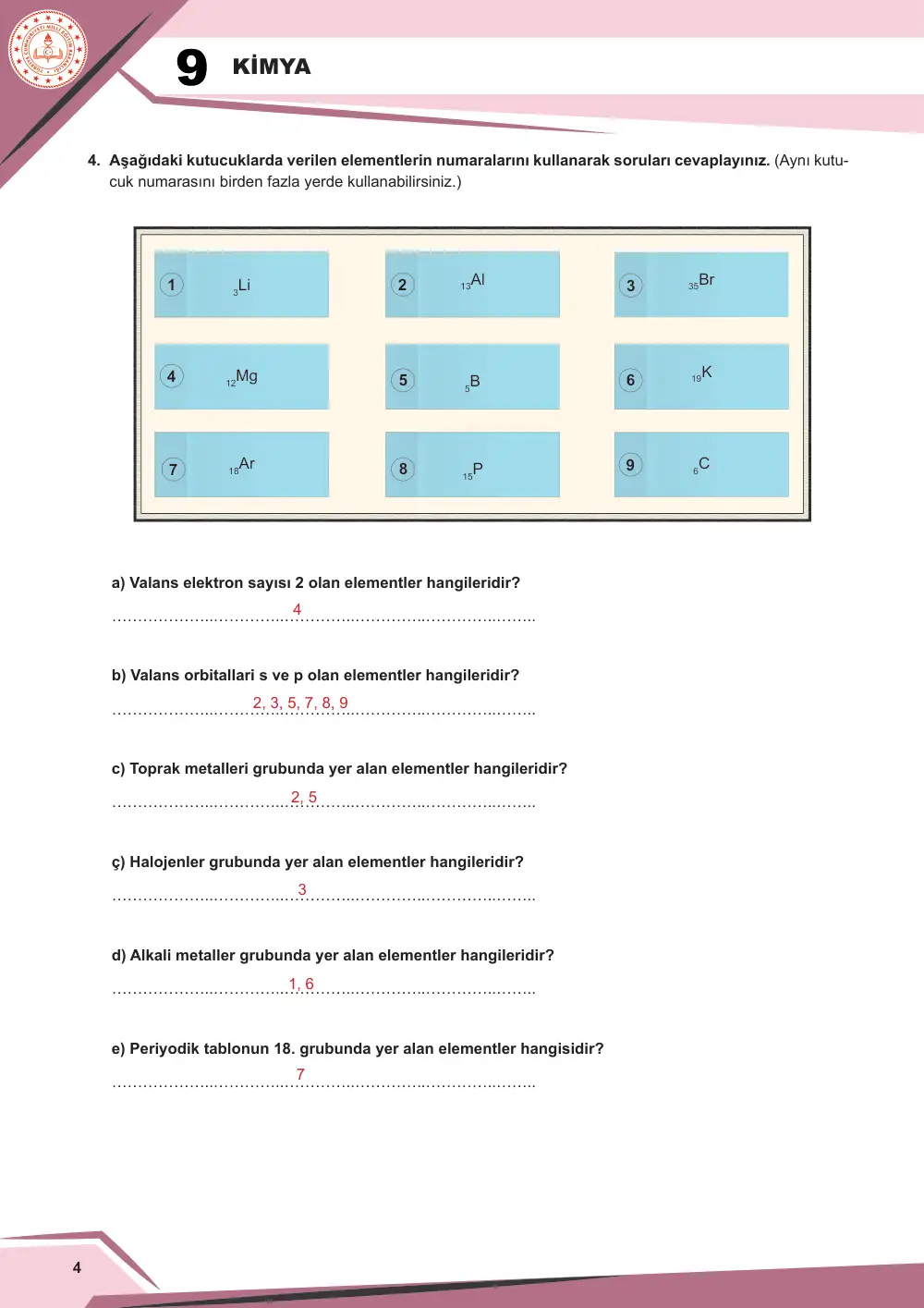 9. Sınıf Kimya Çalışma Kâğıdı: KİM.9.1.6 Elementlerin periyodik tablodaki yerlerine ilişkin tümevarımsal akıl yürütebilme cevap anahtarı sayfa 5