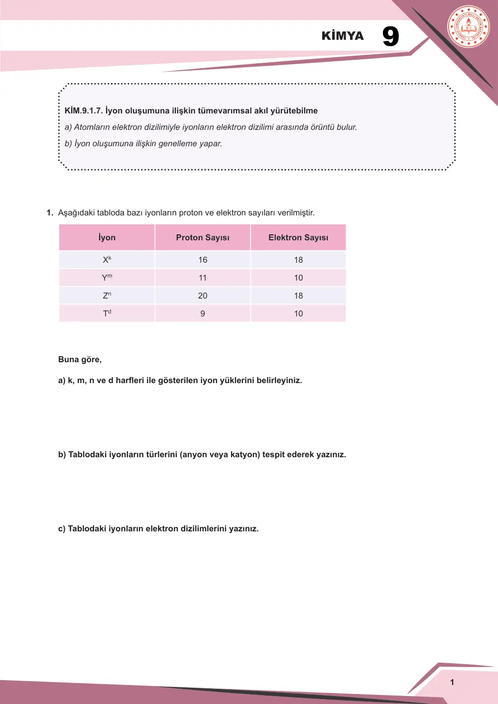9. Sınıf Kimya Çalışma Kâğıdı: KİM.9.1.7 İyon oluşumuna ilişkin tümevarımsal akıl yürütebilme