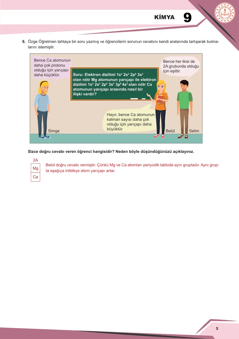 9. Sınıf Kimya Çalışma Kâğıdı: KİM.9.1.8 Elementlerin periyodik özelliklerinin periyodik tablodaki değişimini çözümleyebilme cevap anahtarı sayfa 6