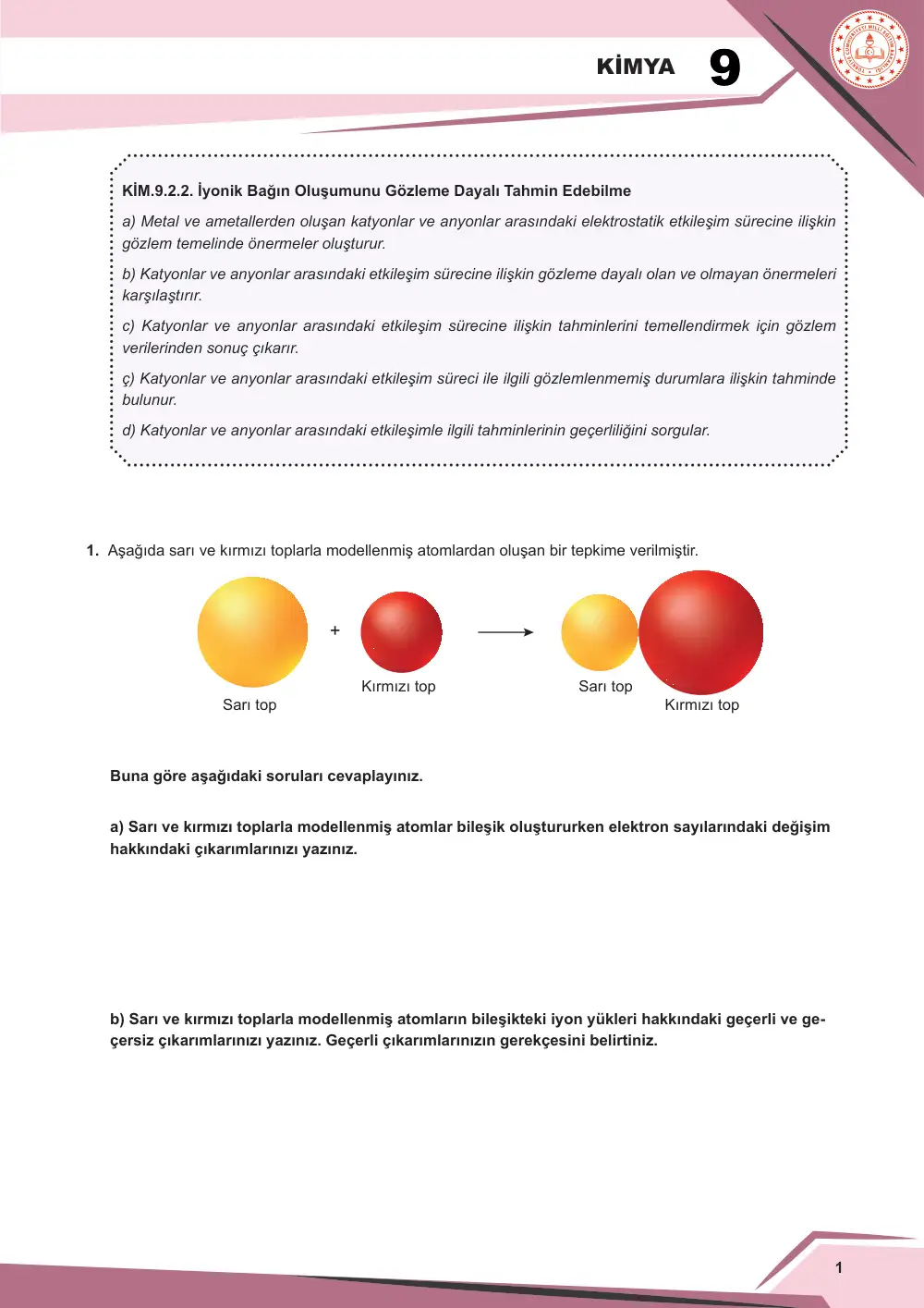 9. Sınıf Kimya Çalışma Kâğıdı: KİM.9.2.2 İyonik bağın oluşumunu gözleme dayalı tahmin edebilme