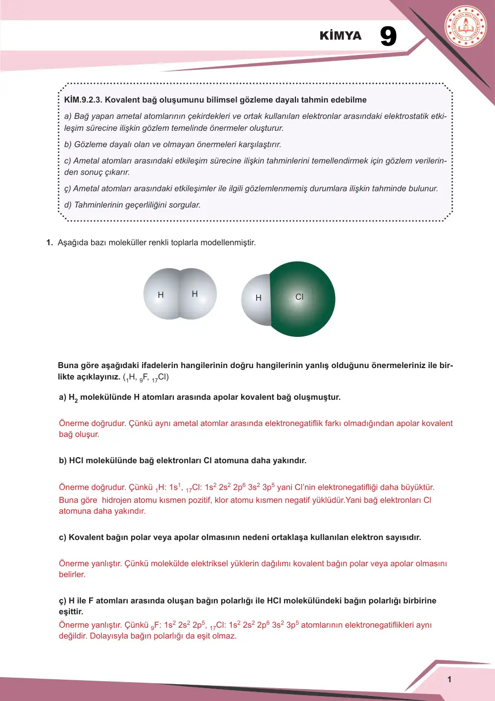 9. Sınıf Kimya Çalışma Kâğıdı: KİM.9.2.3 Kovalent bağ oluşumunu bilimsel gözleme dayalı tahmin edebilme cevap anahtarı sayfa 2