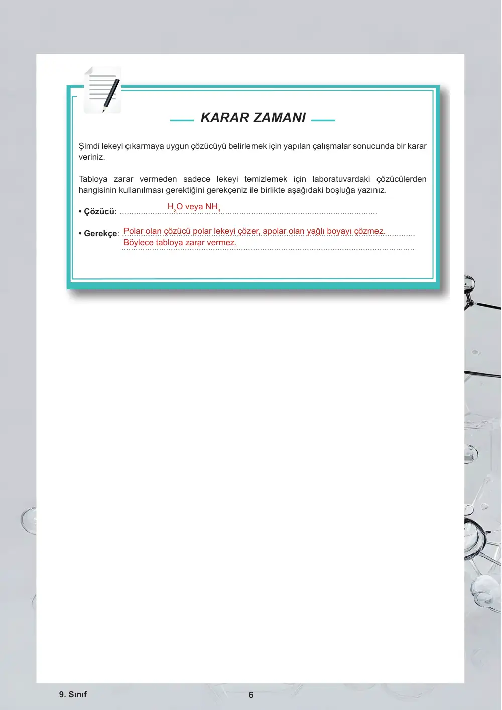 9. Sınıf Kimya Öğrenme Etkinlikleri Seti 1 (2025-2026) cevap anahtarı sayfa 7