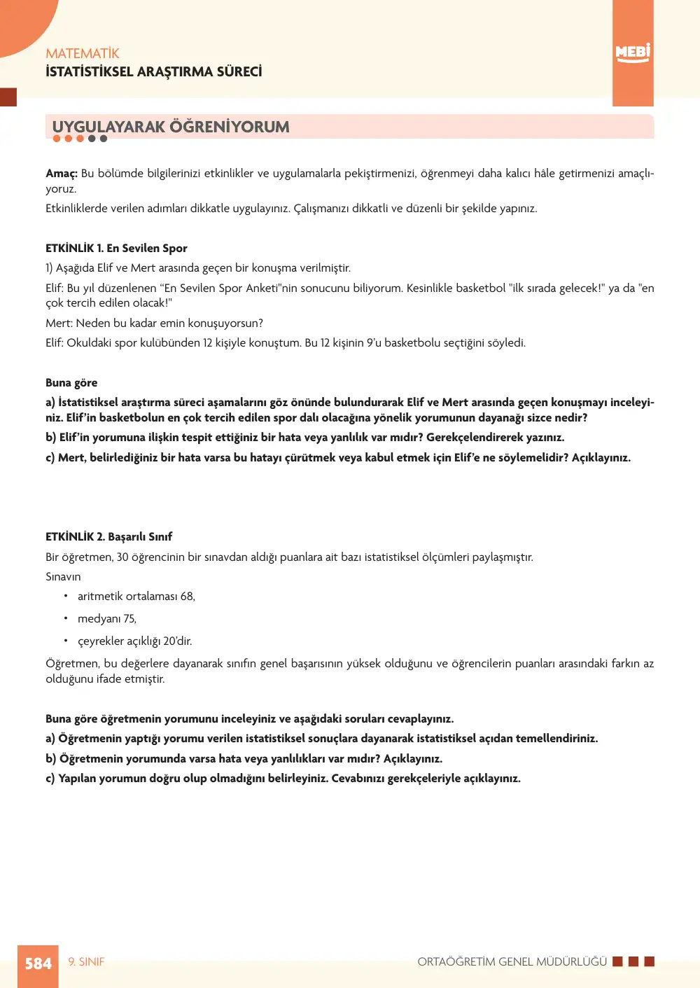 9. Sınıf Matematik Bireysel Öğrenme Etkinlikleri (2026-2027) sayfa 582