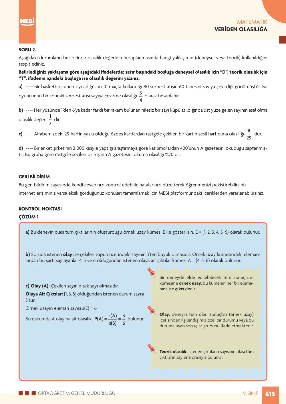 9. Sınıf Matematik Bireysel Öğrenme Etkinlikleri (2026-2027) sayfa 613