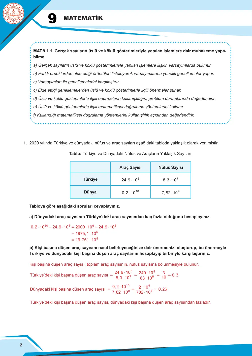 9. Sınıf Matematik Çalışma Kâğıdı: MAT.9.1.1 Gerçek sayıların üslü ve köklü gösterimleriyle yapılan işlemlere dair muhakeme yapabilme cevap anahtarı sayfa 2