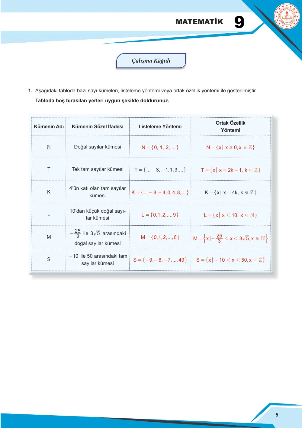 9. Sınıf Matematik Çalışma Kâğıdı: MAT.9.1.2 Gerçek sayı aralıklarının gösteriminde ve aralıklarla ilgili işlemlerde küme sembol ve işlemlerinden yararlanabilme cevap anahtarı sayfa 6