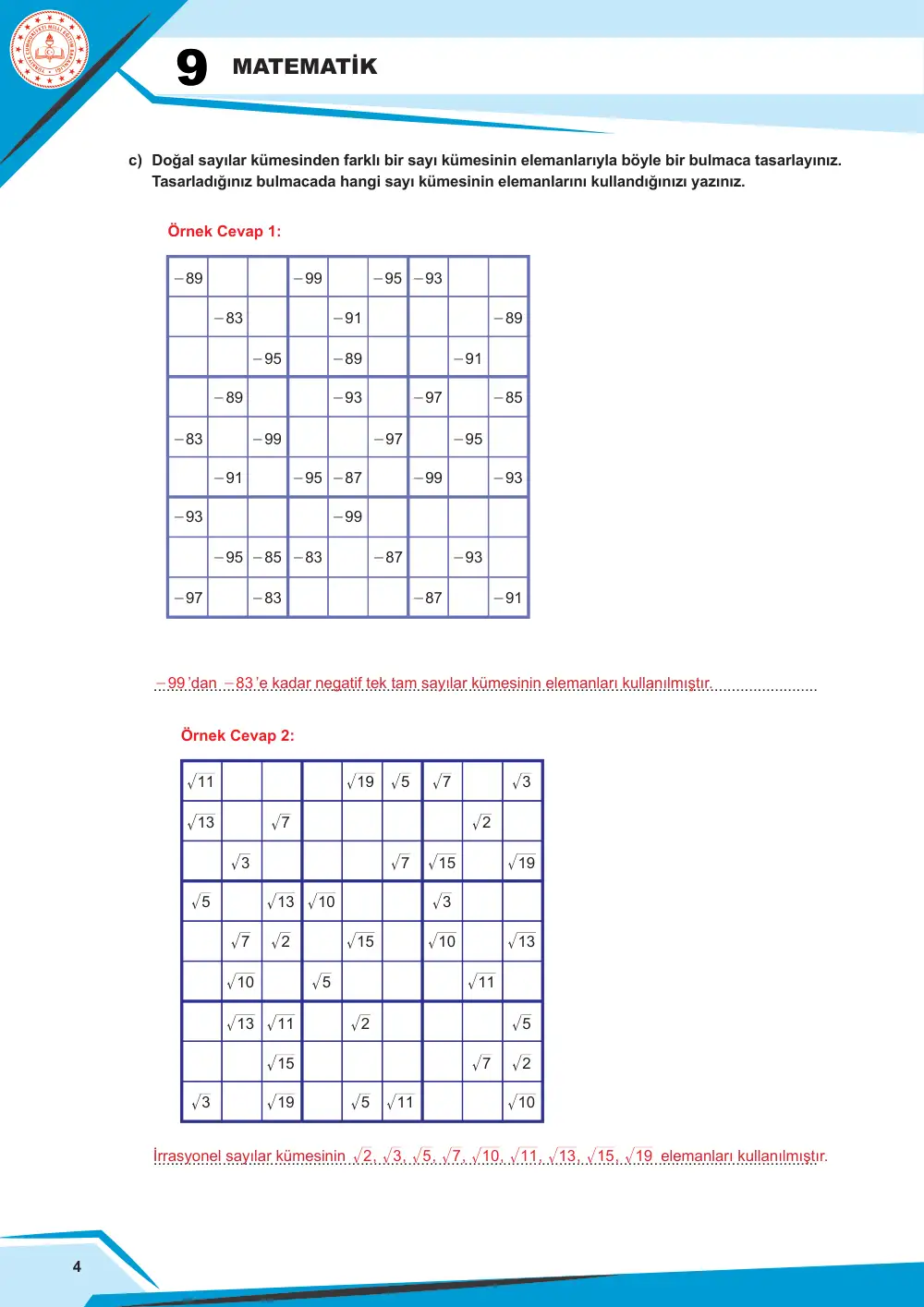 9. Sınıf Matematik Çalışma Kâğıdı: MAT.9.1.3 Farklı sayı kümelerinin özellikleri hakkında muhakeme yapabilme cevap anahtarı sayfa 5