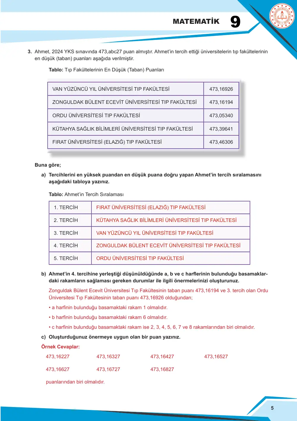 9. Sınıf Matematik Çalışma Kâğıdı: MAT.9.1.3 Farklı sayı kümelerinin özellikleri hakkında muhakeme yapabilme cevap anahtarı sayfa 6