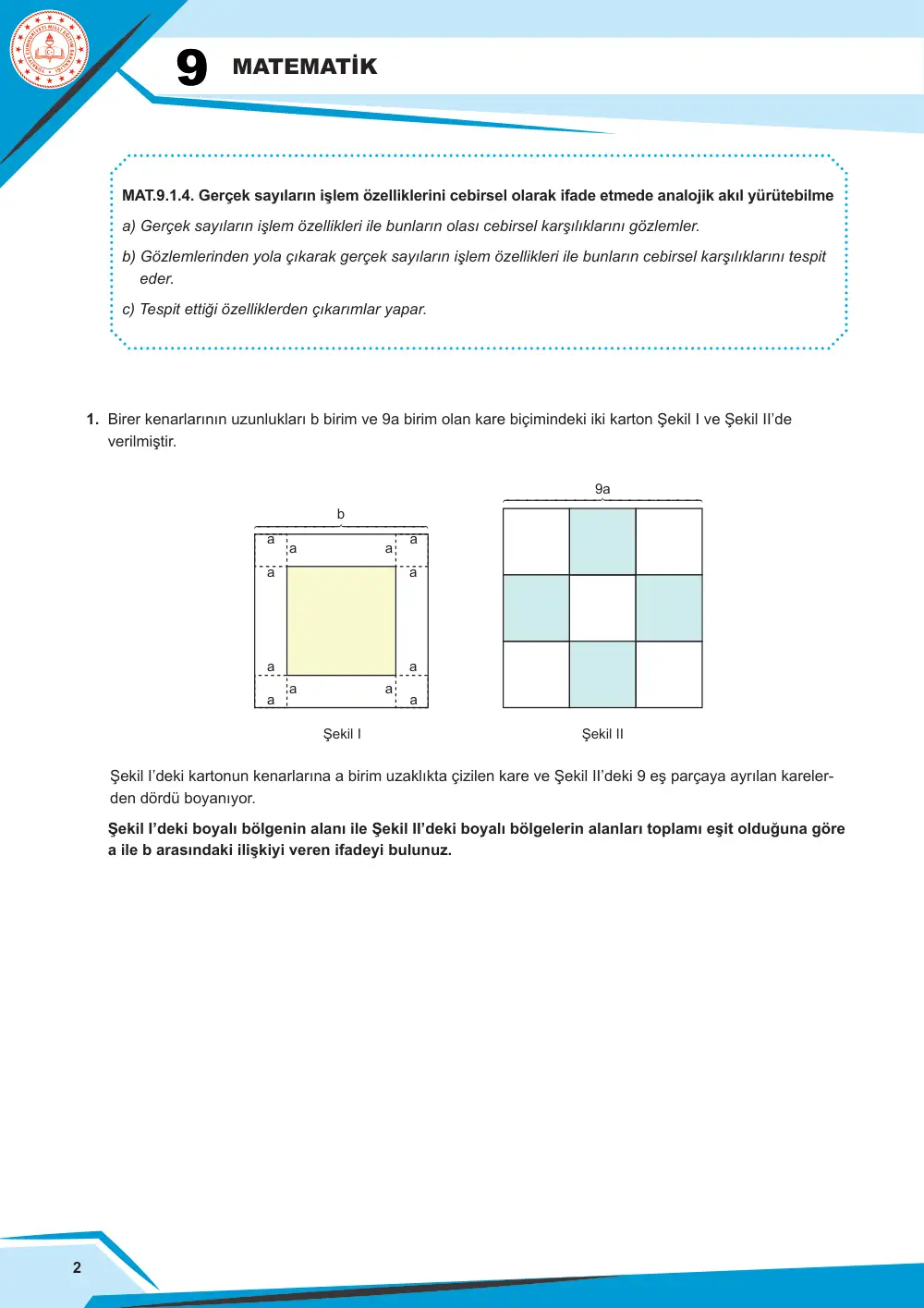 9. Sınıf Matematik Çalışma Kâğıdı: MAT.9.1.4 Gerçek sayıların işlem özelliklerini cebirsel olarak ifade etmede analojik akıl yürütebilme