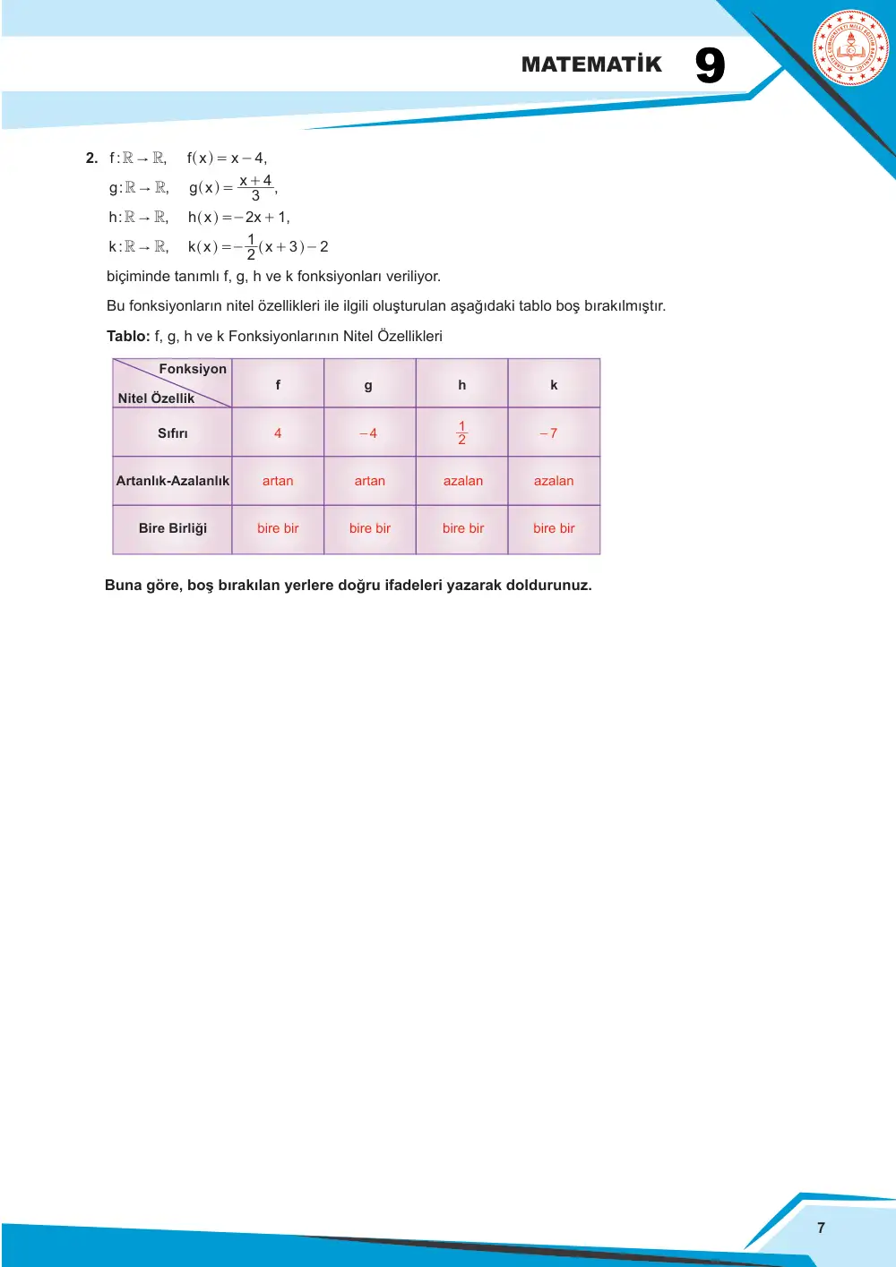 9. Sınıf Matematik Çalışma Kâğıdı: MAT.9.2.1 Gerçek sayılarda f(x) = x şeklinde tanımlı doğrusal referans fonksiyonun nitel özellikleri ile bu fonksiyondan türetilen doğrusal fonksiyonların nitel özelliklerine ilişkin matematiksel muhakeme yapabilme cevap anahtarı sayfa 7