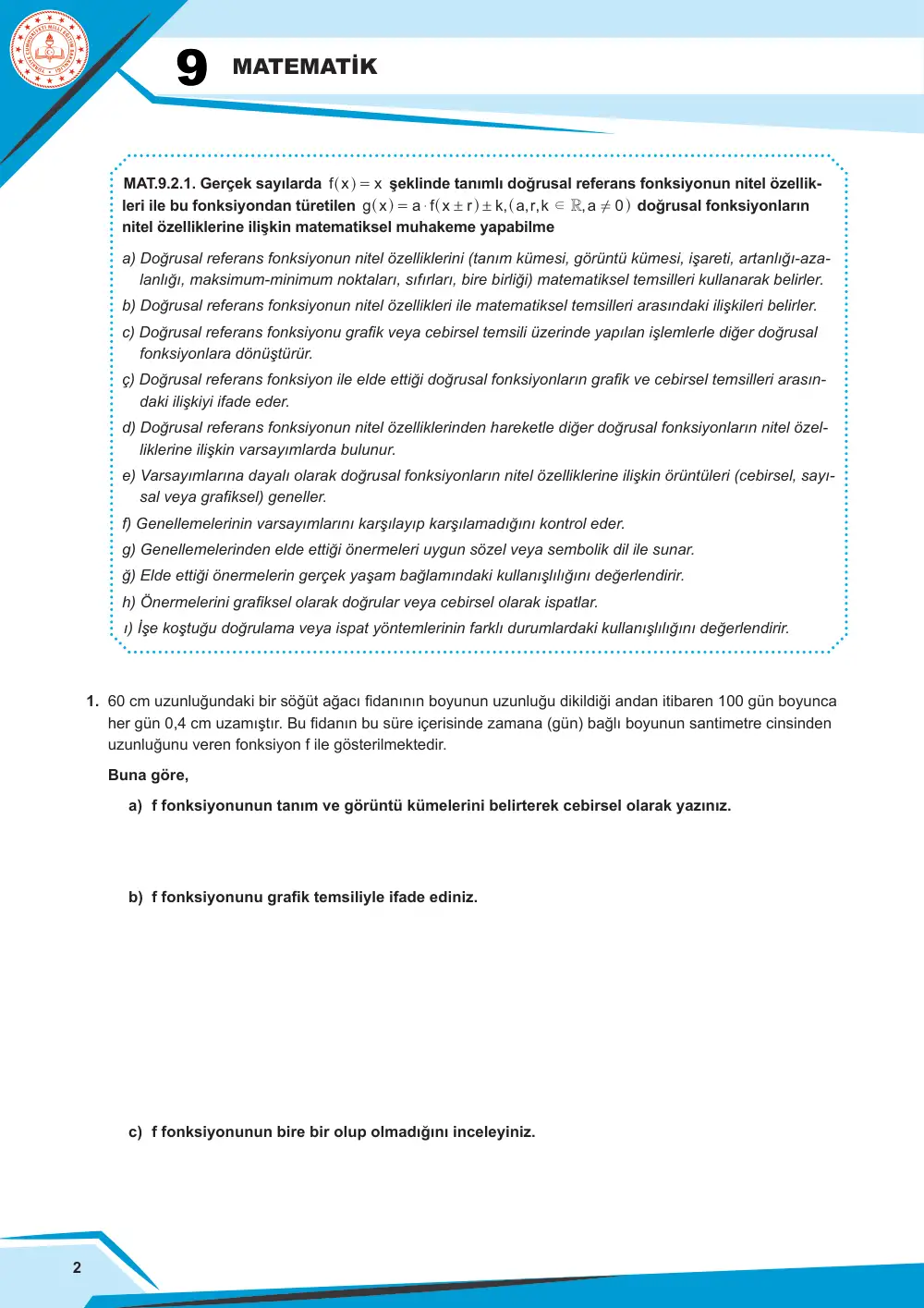 9. Sınıf Matematik Çalışma Kâğıdı: MAT.9.2.1 Gerçek sayılarda f(x) = x şeklinde tanımlı doğrusal referans fonksiyonun nitel özellikleri ile bu fonksiyondan türetilen doğrusal fonksiyonların nitel özelliklerine ilişkin matematiksel muhakeme yapabilme
