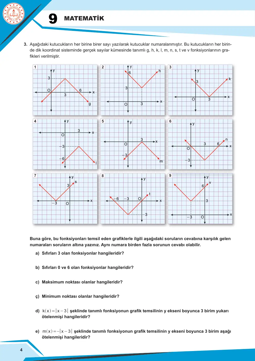 9. Sınıf Matematik Çalışma Kâğıdı: MAT.9.2.2 Gerçek sayılarda tanımlı mutlak değer fonksiyonlarının nitel özelliklerini incelemek için doğrusal fonksiyonlara bağlı analojik akıl yürütebilme sayfa 4