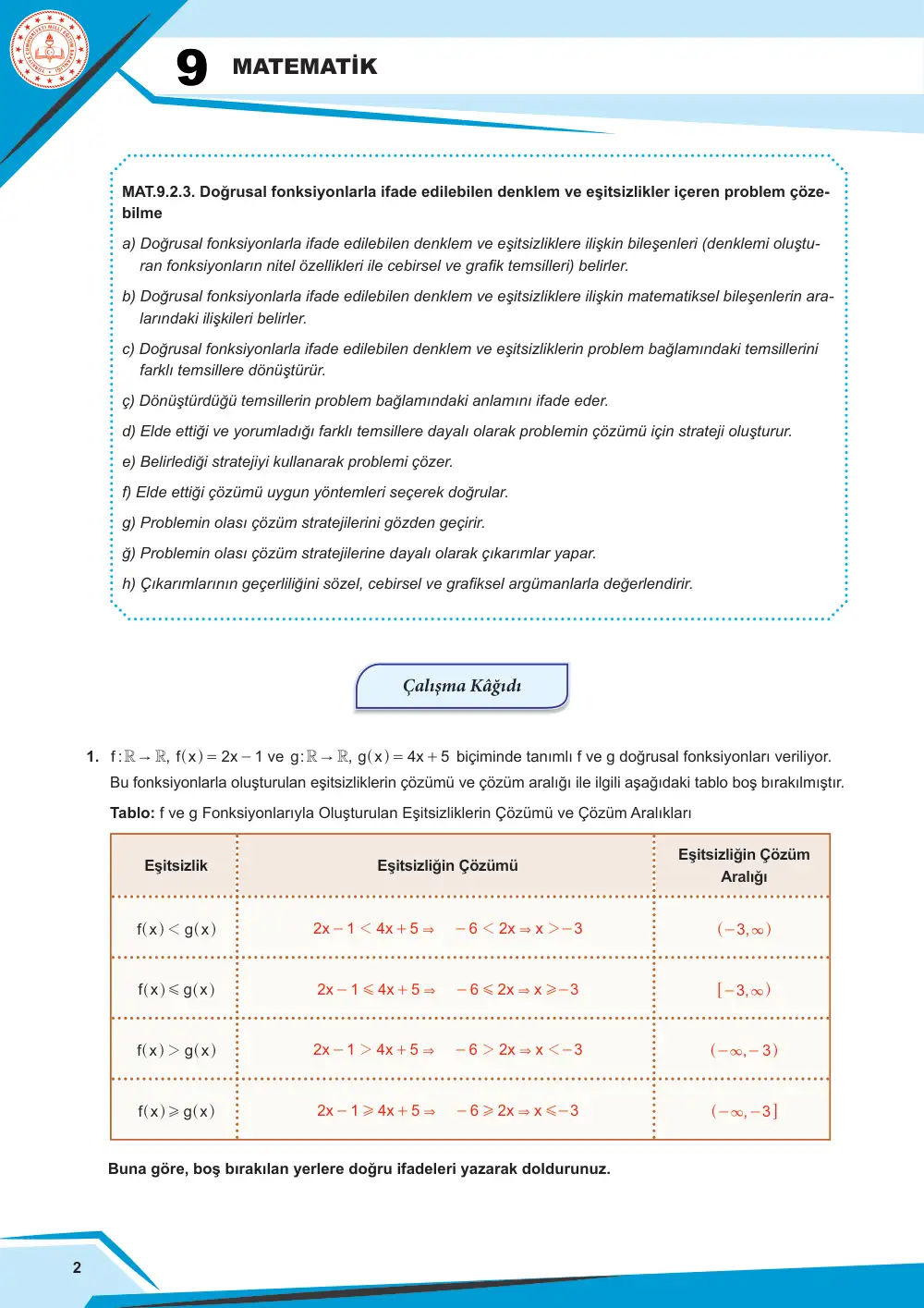 9. Sınıf Matematik Çalışma Kâğıdı: MAT.9.2.3 Doğrusal fonksiyonlarla ifade edilebilen denklem ve eşitsizlikler içeren problem çözebilme cevap anahtarı sayfa 2