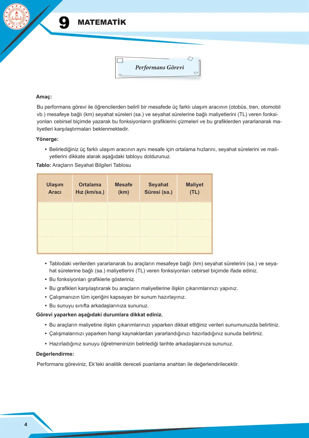 9. Sınıf Matematik Çalışma Kâğıdı: MAT.9.2.3 Doğrusal fonksiyonlarla ifade edilebilen denklem ve eşitsizlikler içeren problem çözebilme cevap anahtarı sayfa 4