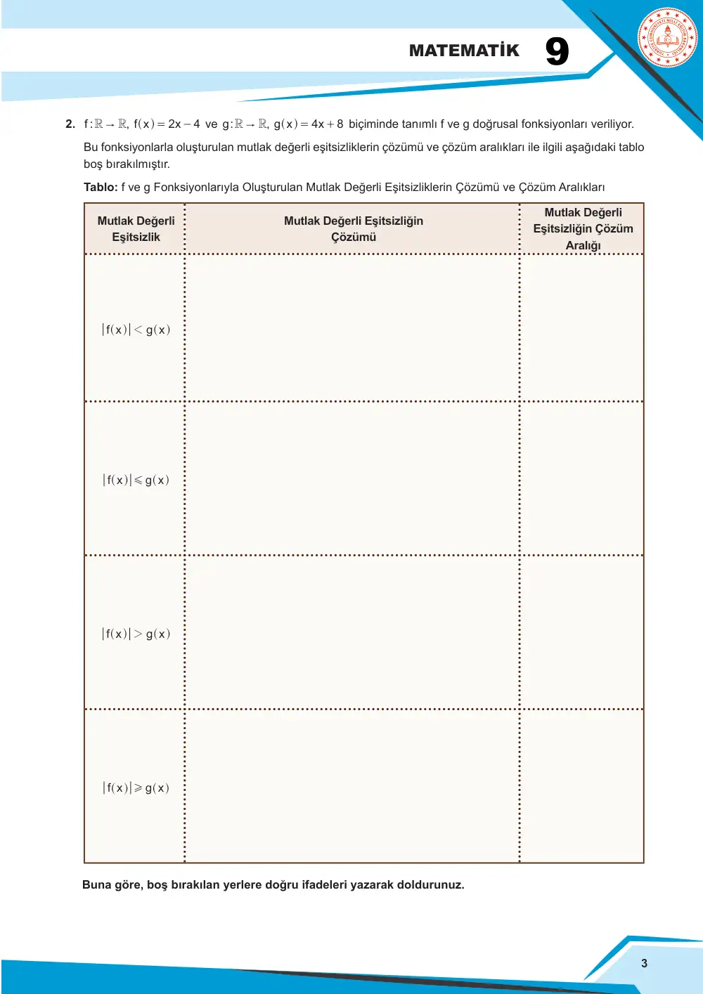 9. Sınıf Matematik Çalışma Kâğıdı: MAT.9.2.3 Doğrusal fonksiyonlarla ifade edilebilen denklem ve eşitsizlikler içeren problem çözebilme sayfa 3