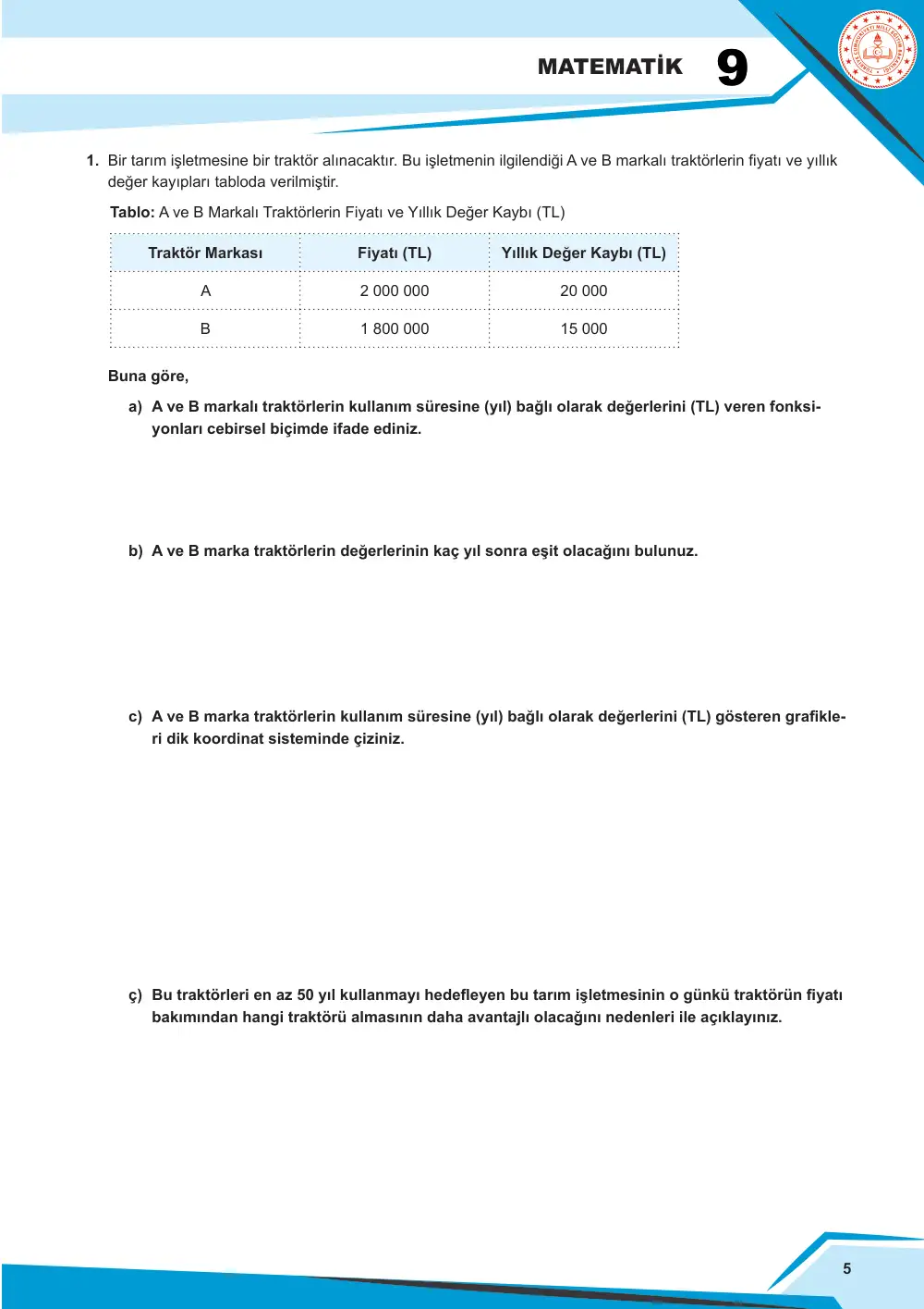 9. Sınıf Matematik Çalışma Kâğıdı: MAT.9.2.3 Doğrusal fonksiyonlarla ifade edilebilen denklem ve eşitsizlikler içeren problem çözebilme sayfa 5