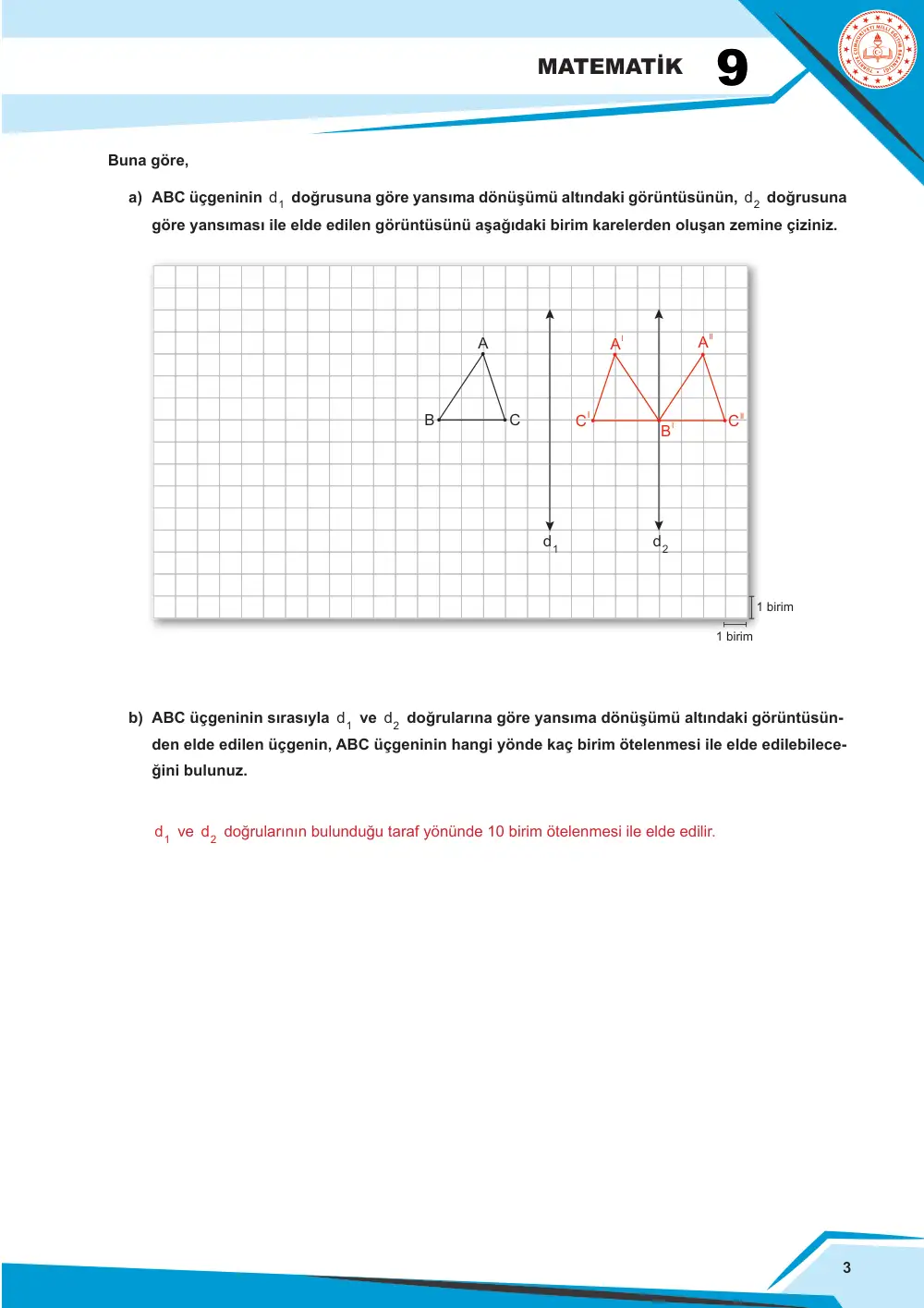 9. Sınıf Matematik Çalışma Kâğıdı: MAT.9.5.1 Geometrik dönüşümlerle ilgili çıkarım yapabilme cevap anahtarı sayfa 3