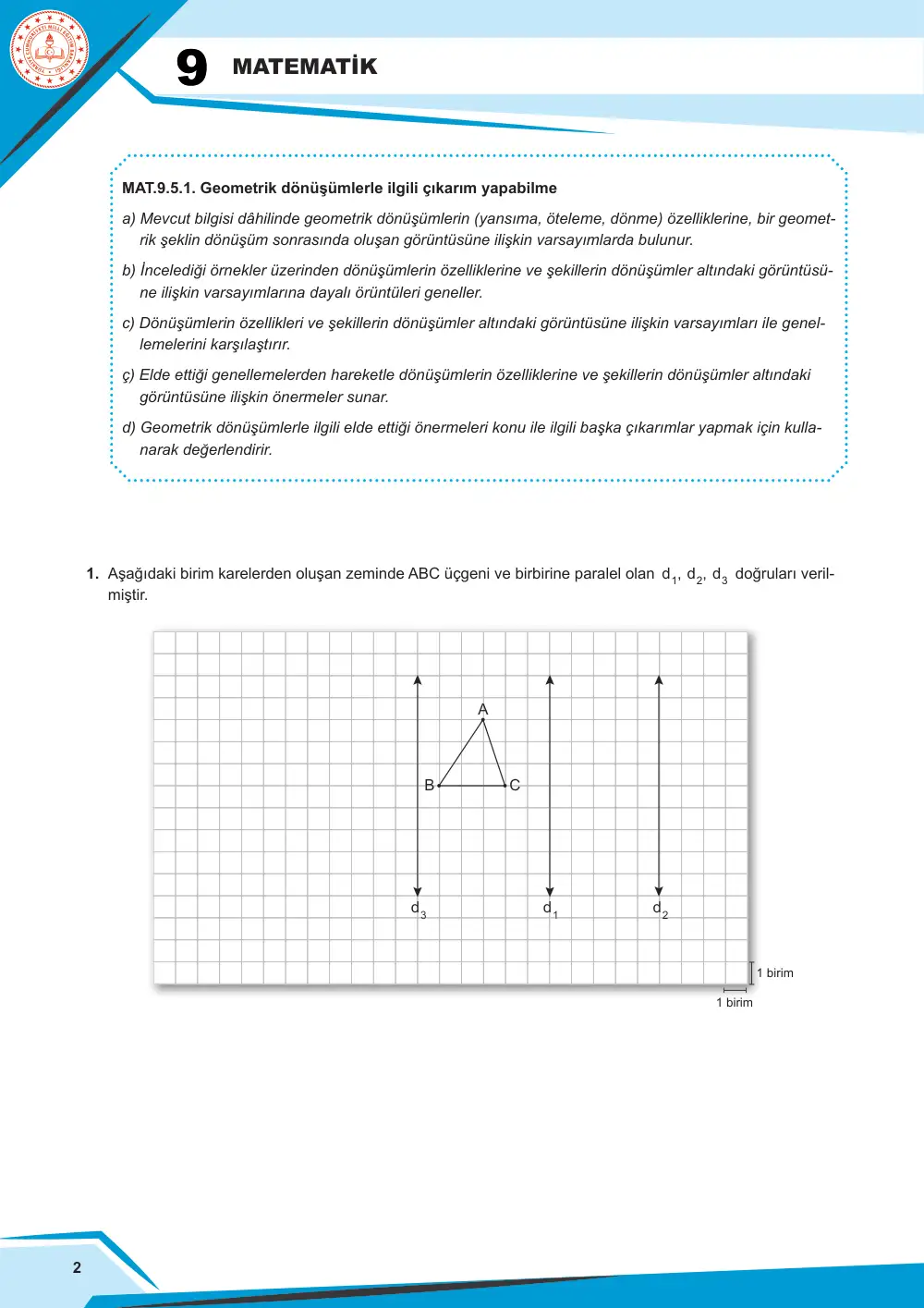 9. Sınıf Matematik Çalışma Kâğıdı: MAT.9.5.1 Geometrik dönüşümlerle ilgili çıkarım yapabilme