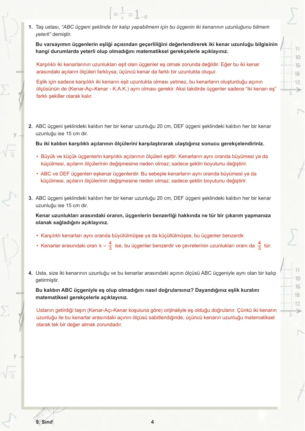 9. Sınıf Matematik Öğrenme Etkinlikleri Seti 1 (2025-2026) cevap anahtarı sayfa 5