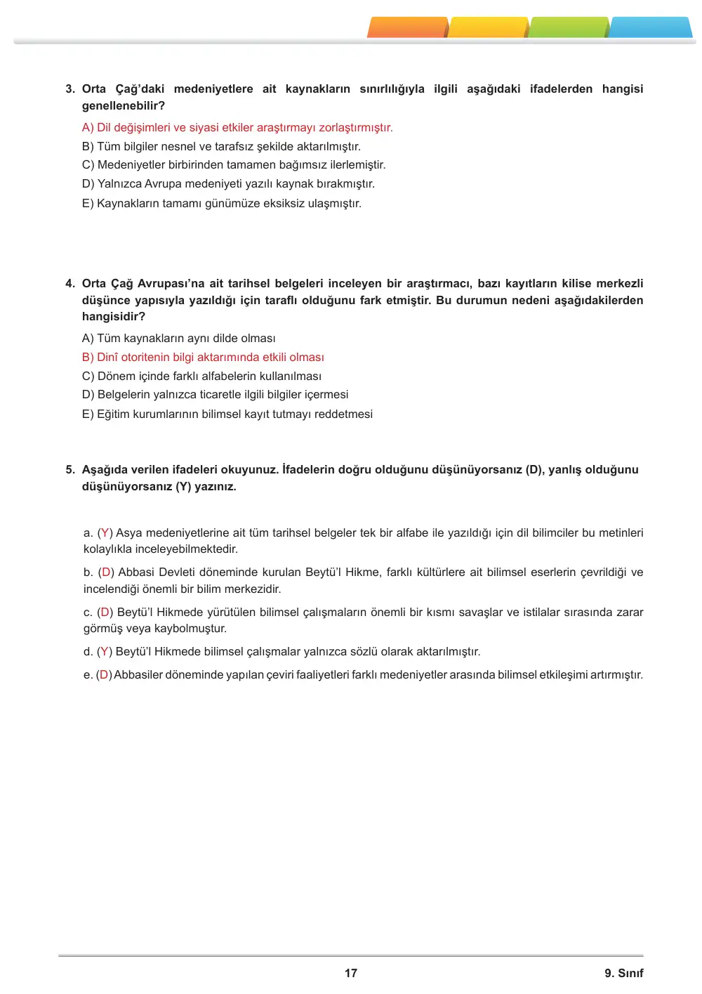9. Sınıf Tarih Öğrenme Etkinlikleri Seti 2 (2025-2026) cevap anahtarı sayfa 18