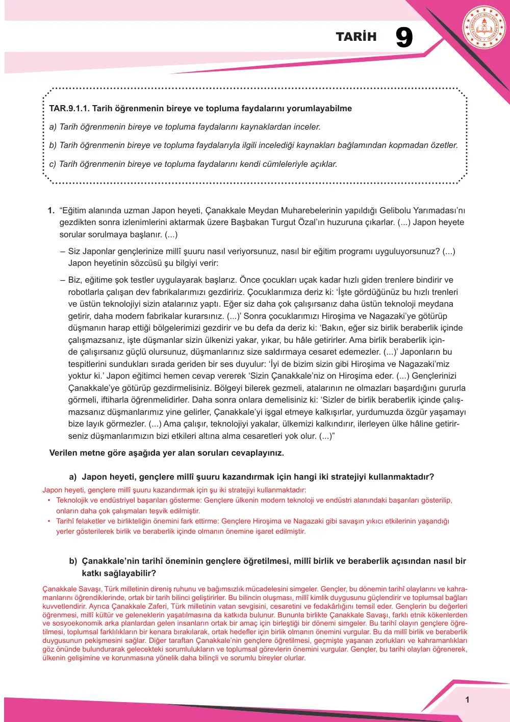 9. Sınıf Tarih Çalışma Kâğıdı: TAR.9.1.1 Tarih öğrenmenin bireye ve topluma faydalarını yorumlayabilme cevap anahtarı sayfa 2