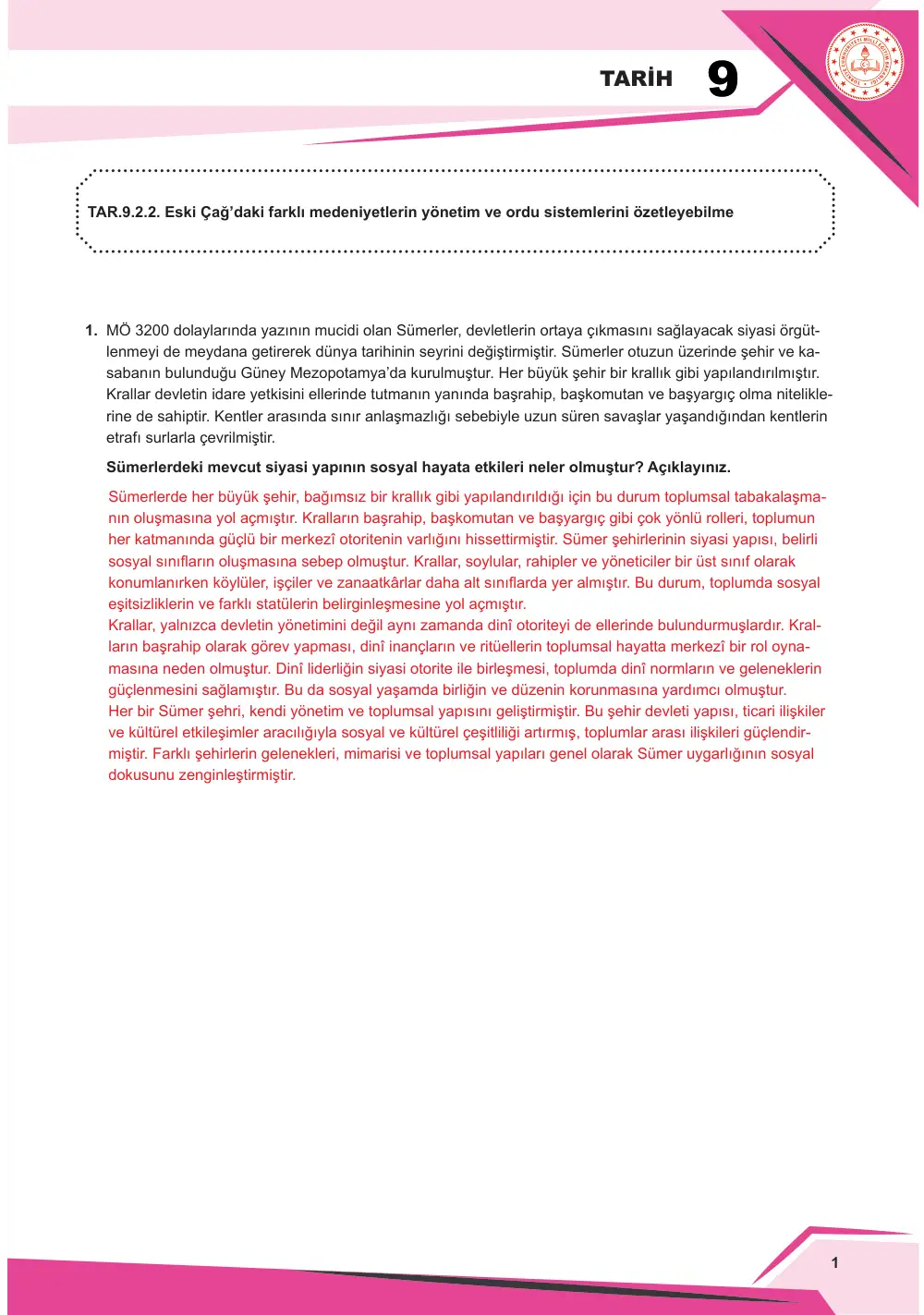 9. Sınıf Tarih Çalışma Kâğıdı: TAR.9.2.2 Eski Çağ'daki farklı medeniyetlerin yönetim ve ordu sistemlerini özetleyebilme cevap anahtarı sayfa 2